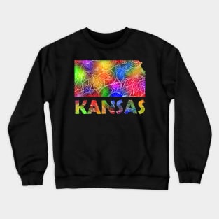 Colorful mandala art map of Kansas with text in multicolor pattern Crewneck Sweatshirt